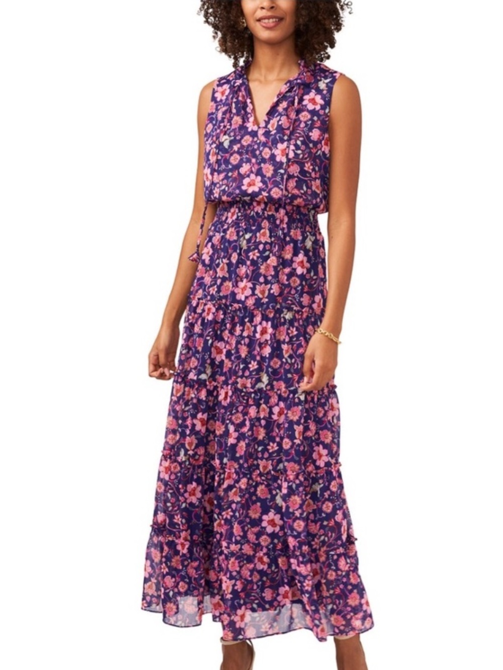 Floral Sleeveless Maxi Dress in Purple and Pink, Xlg